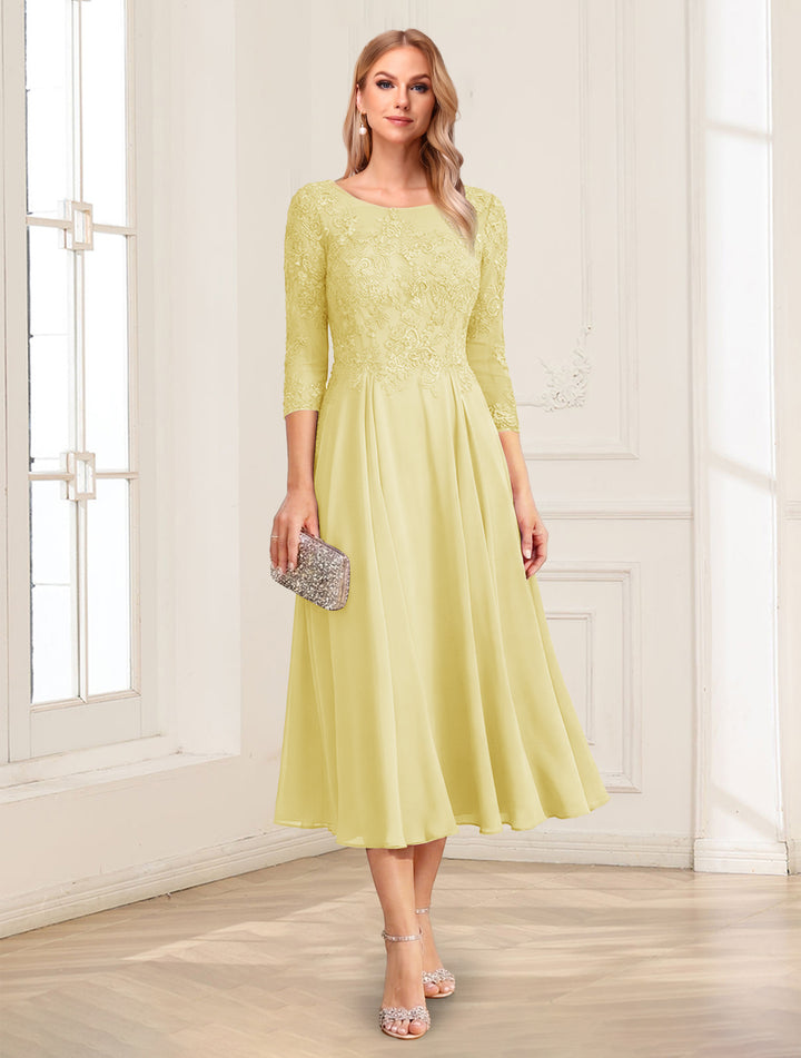 A-Line/Princess Scoop 3/4 Sleeves Tea-Length Mother of the Bride Dresses with Applique &amp; Lace