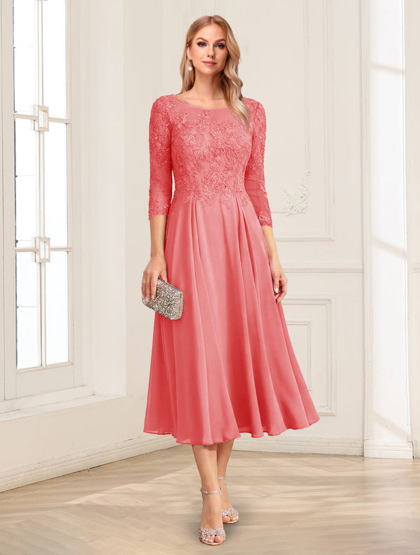 A-Line/Princess Scoop 3/4 Sleeves Tea-Length Mother of the Bride Dresses with Applique & Lace