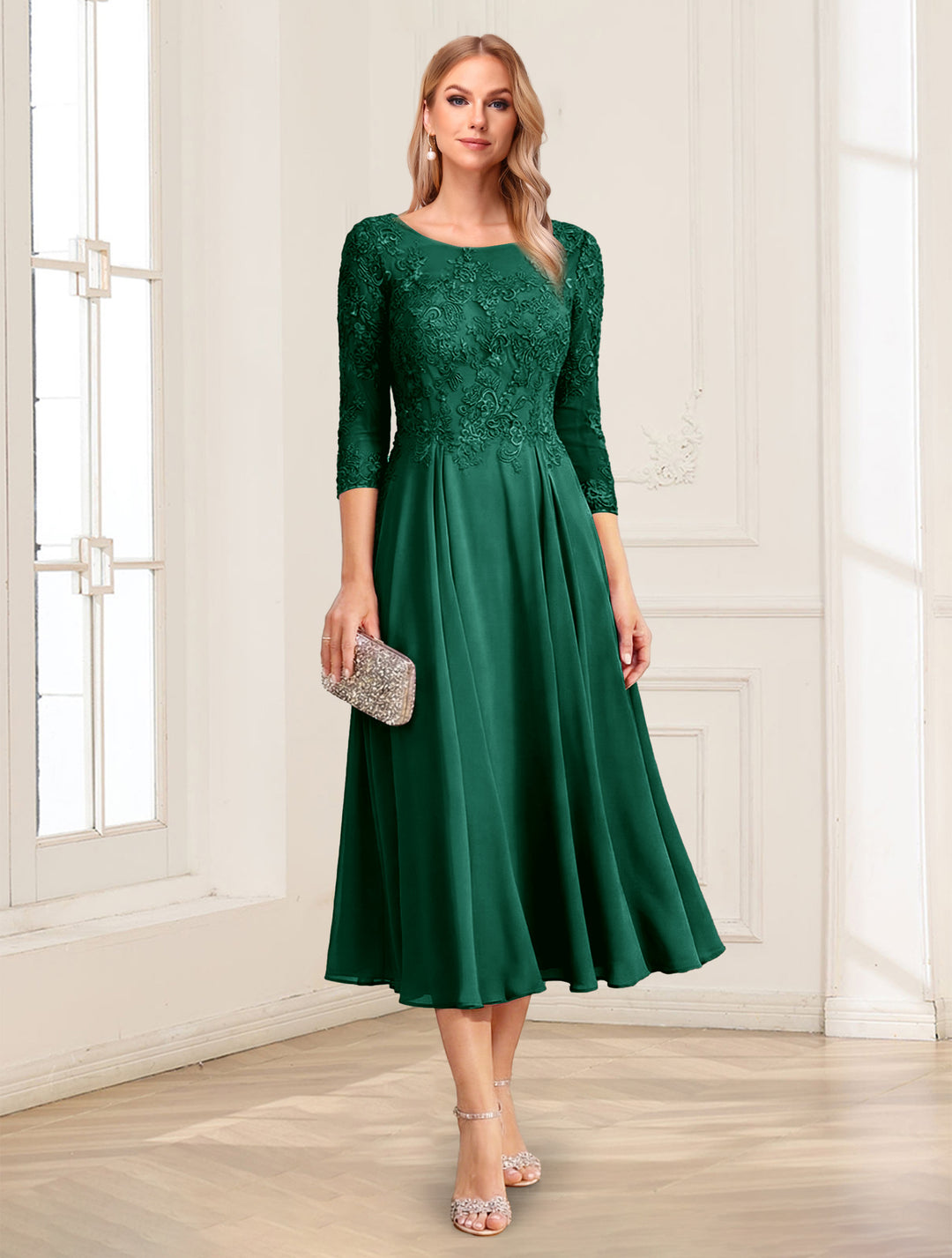 A-Line/Princess Scoop 3/4 Sleeves Tea-Length Mother of the Bride Dresses with Applique &amp; Lace