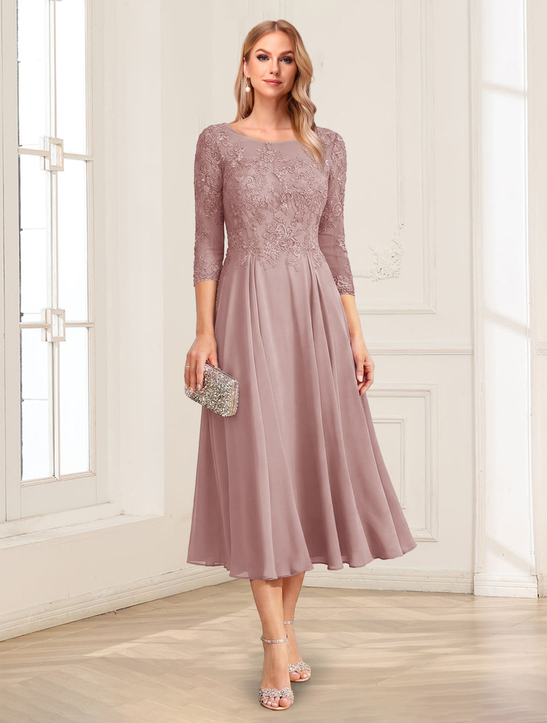 A-Line/Princess Scoop 3/4 Sleeves Tea-Length Mother of the Bride Dresses with Applique &amp; Lace