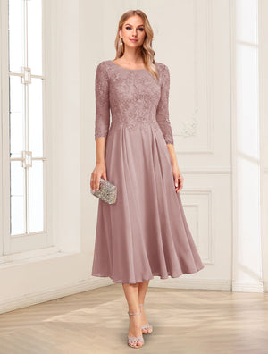 A-Line/Princess Scoop 3/4 Sleeves Tea-Length Mother of the Bride Dresses with Applique & Lace