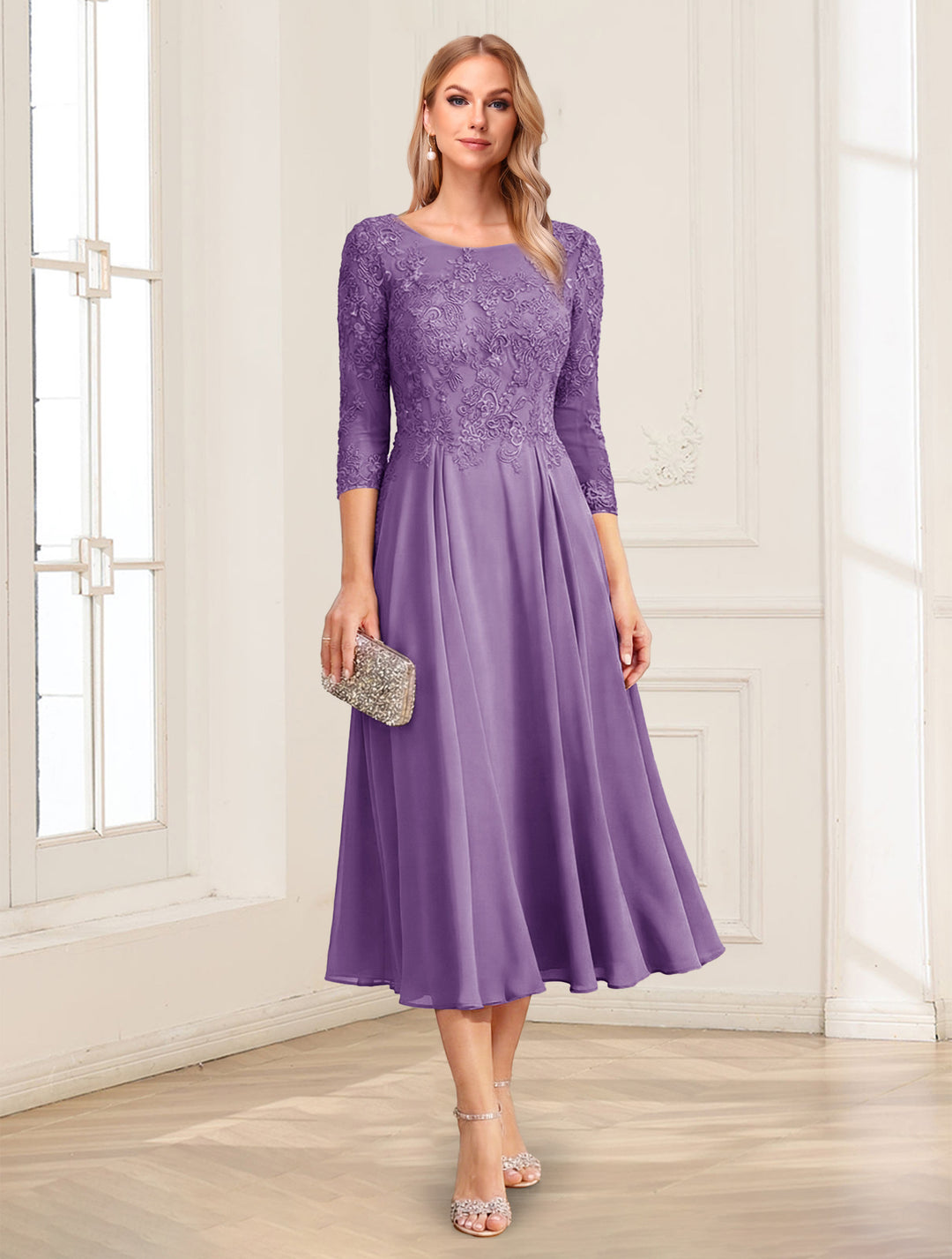 Lavetir Grape A-Line/Princess Scoop 3/4 Sleeves Tea-Length Mother of the Bride Dresses with Applique & Lace 2026