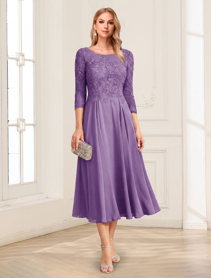 A-Line/Princess Scoop 3/4 Sleeves Tea-Length Mother of the Bride Dresses with Applique &amp; Lace