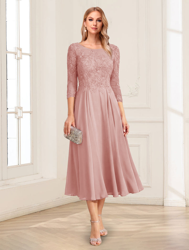 A-Line/Princess Scoop 3/4 Sleeves Tea-Length Mother of the Bride Dresses with Applique &amp; Lace