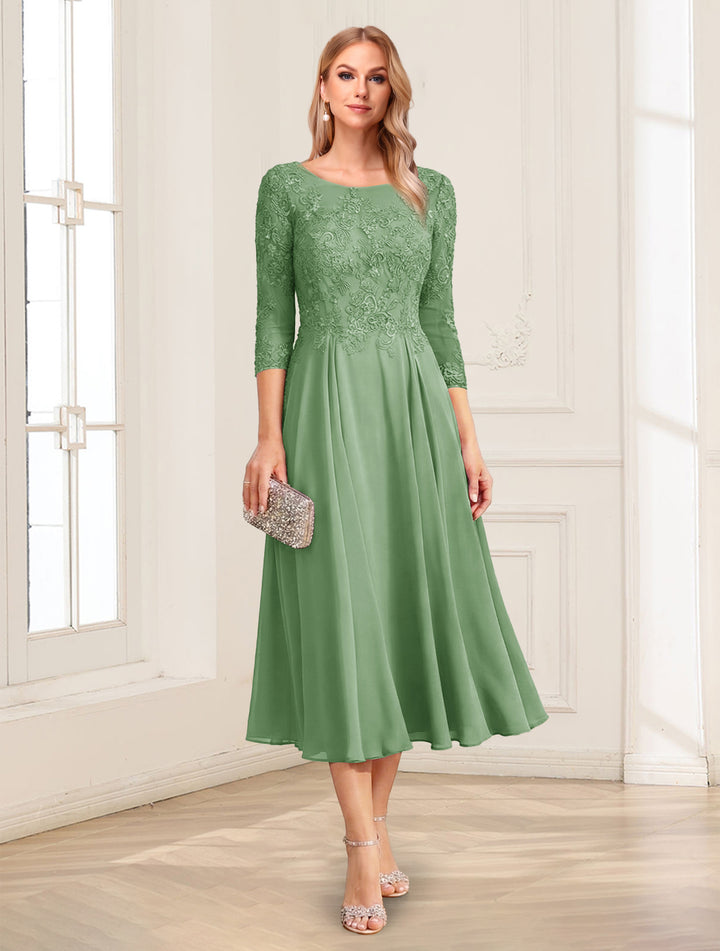 A-Line/Princess Scoop 3/4 Sleeves Tea-Length Mother of the Bride Dresses with Applique &amp; Lace