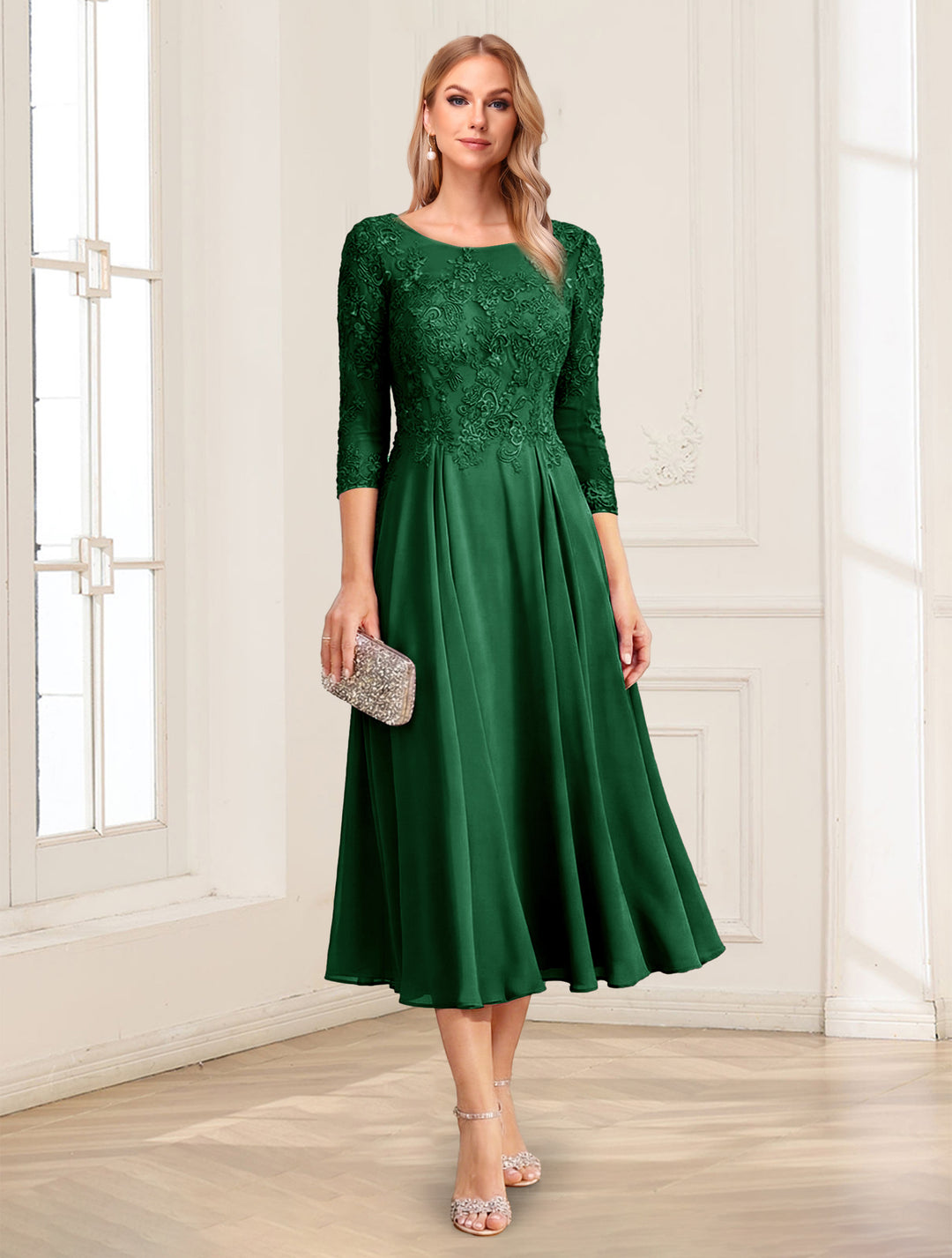 A-Line/Princess Scoop 3/4 Sleeves Tea-Length Mother of the Bride Dresses with Applique &amp; Lace