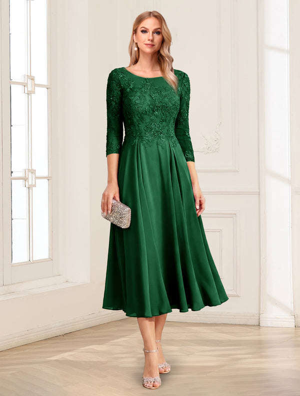 A-Line/Princess Scoop 3/4 Sleeves Tea-Length Mother of the Bride Dresses with Applique & Lace