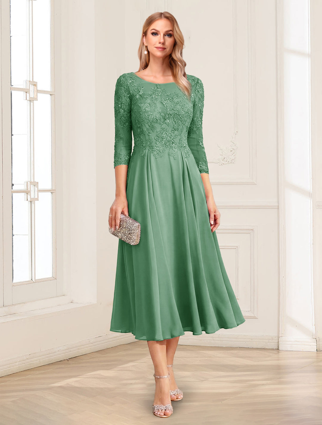 A-Line/Princess Scoop 3/4 Sleeves Tea-Length Mother of the Bride Dresses with Applique &amp; Lace