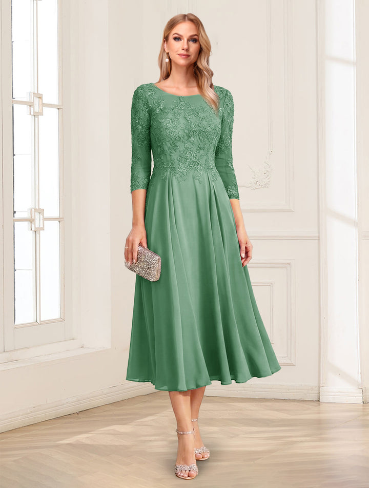 A-Line/Princess Scoop 3/4 Sleeves Tea-Length Mother of the Bride Dresses with Applique &amp; Lace
