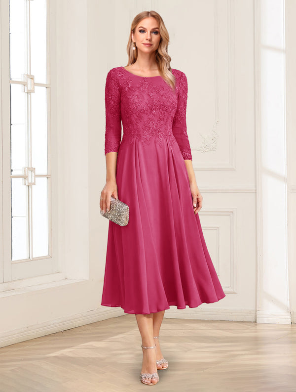 A-Line/Princess Scoop 3/4 Sleeves Tea-Length Mother of the Bride Dresses with Applique & Lace