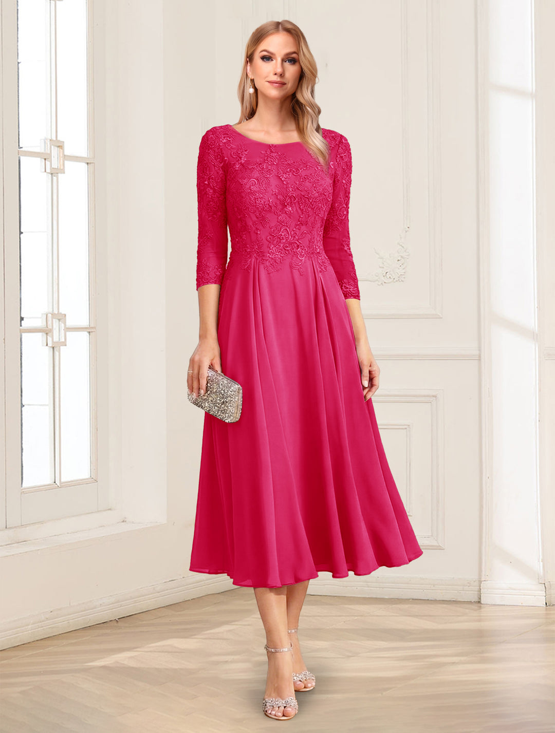 A-Line/Princess Scoop 3/4 Sleeves Tea-Length Mother of the Bride Dresses with Applique &amp; Lace