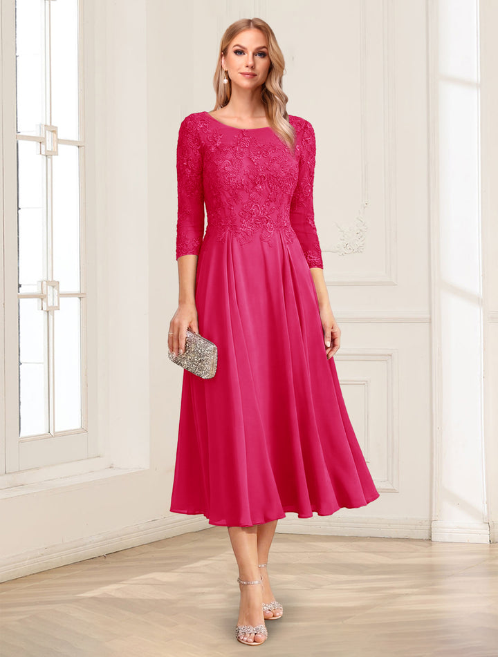 A-Line/Princess Scoop 3/4 Sleeves Tea-Length Mother of the Bride Dresses with Applique &amp; Lace