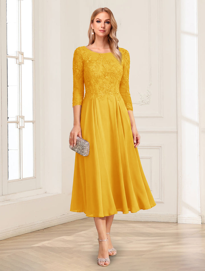 A-Line/Princess Scoop 3/4 Sleeves Tea-Length Mother of the Bride Dresses with Applique &amp; Lace