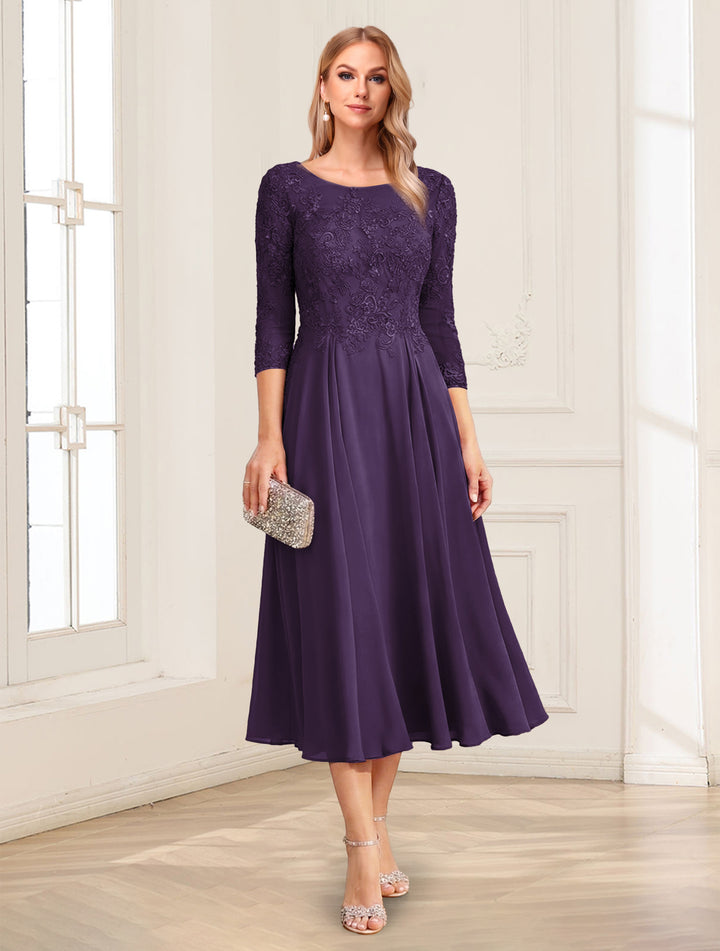 A-Line/Princess Scoop 3/4 Sleeves Tea-Length Mother of the Bride Dresses with Applique &amp; Lace