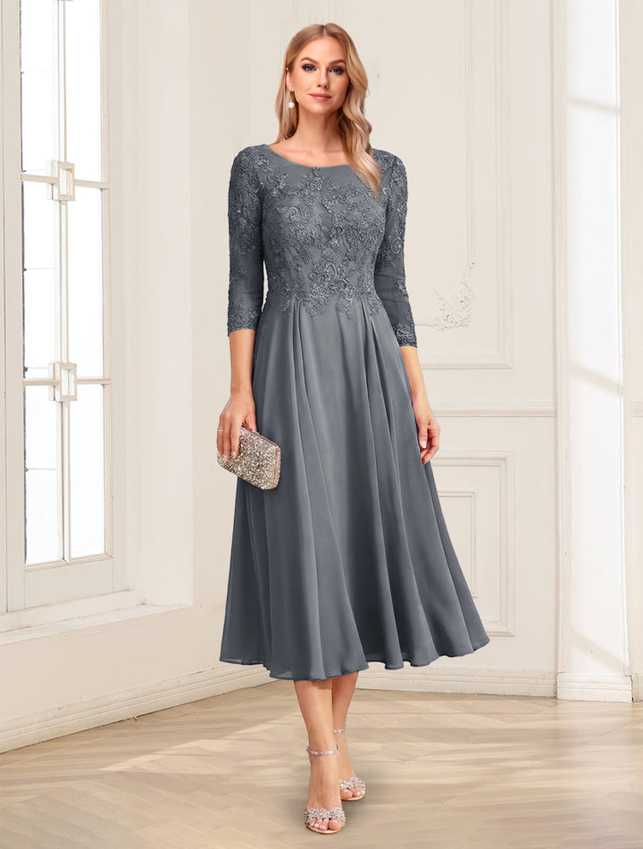 A-Line/Princess Scoop 3/4 Sleeves Tea-Length Mother of the Bride Dresses with Applique &amp; Lace