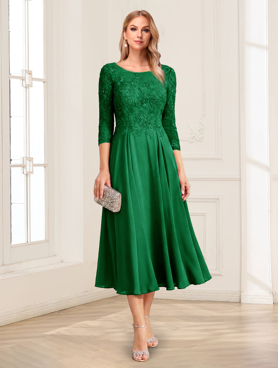 A-Line/Princess Scoop 3/4 Sleeves Tea-Length Mother of the Bride Dresses with Applique &amp; Lace