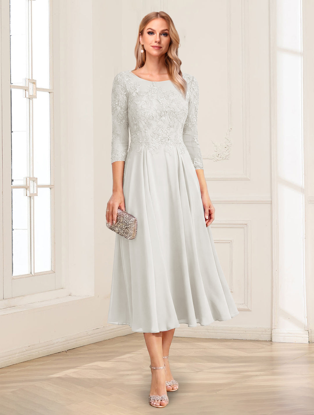 A-Line/Princess Scoop 3/4 Sleeves Tea-Length Mother of the Bride Dresses with Applique &amp; Lace