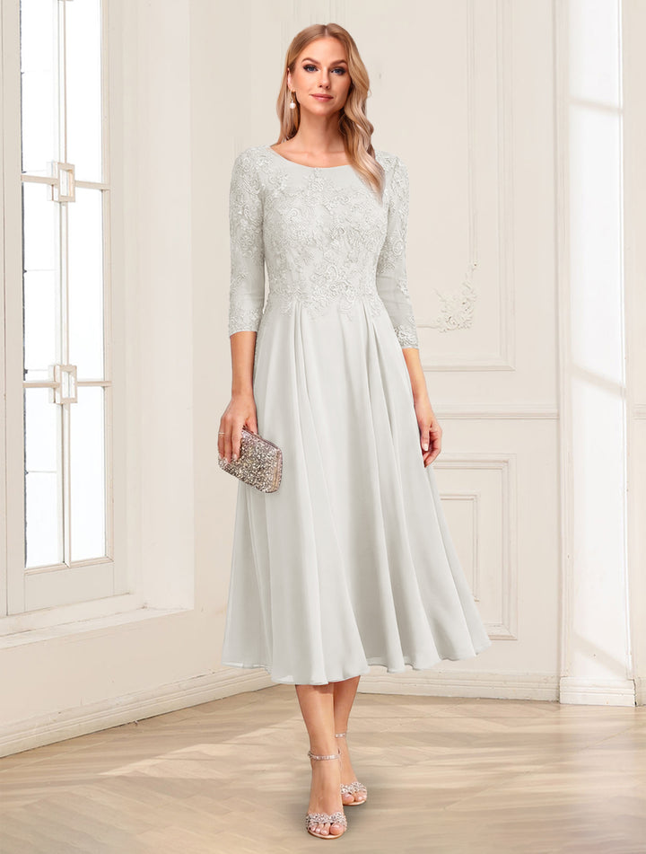 A-Line/Princess Scoop 3/4 Sleeves Tea-Length Mother of the Bride Dresses with Applique &amp; Lace