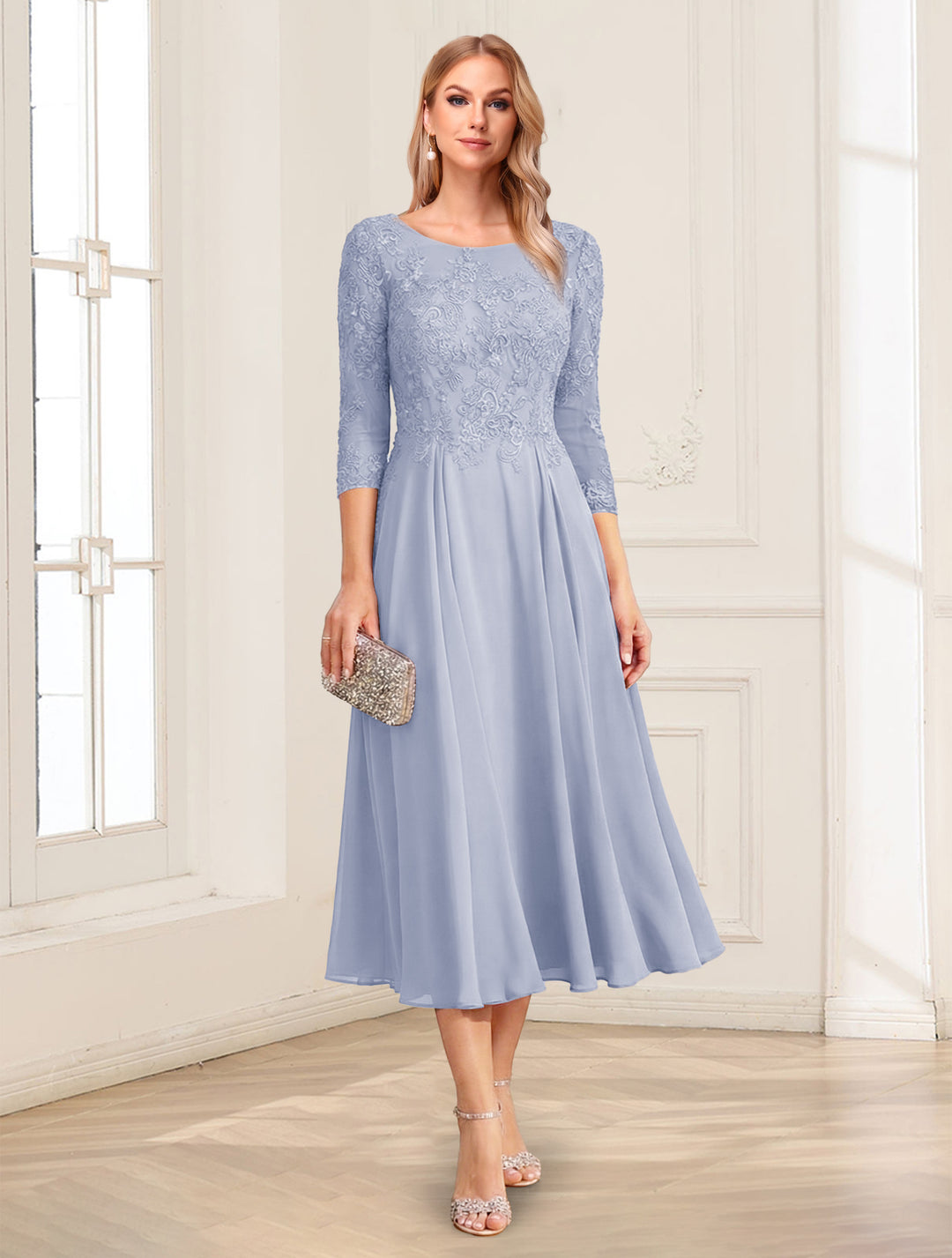 A-Line/Princess Scoop 3/4 Sleeves Tea-Length Mother of the Bride Dresses with Applique &amp; Lace