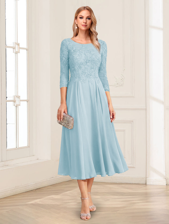 A-Line/Princess Scoop 3/4 Sleeves Tea-Length Mother of the Bride Dresses with Applique &amp; Lace