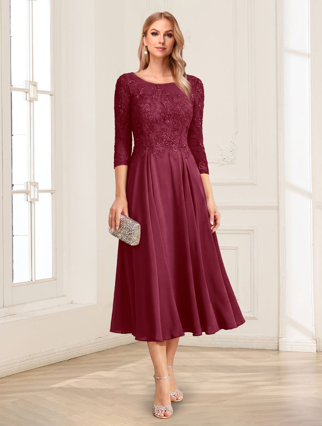 A-Line/Princess Scoop 3/4 Sleeves Tea-Length Mother of the Bride Dresses with Applique &amp; Lace
