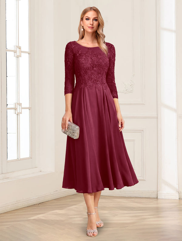 A-Line/Princess Scoop 3/4 Sleeves Tea-Length Mother of the Bride Dresses with Applique & Lace