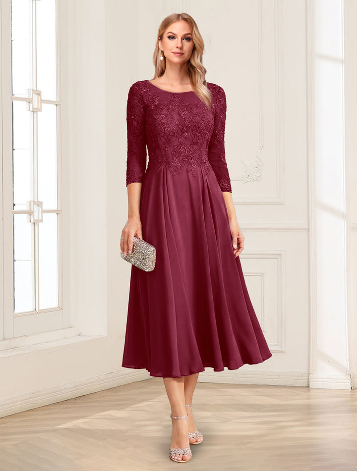 A-Line/Princess Scoop 3/4 Sleeves Tea-Length Mother of the Bride Dresses with Applique &amp; Lace