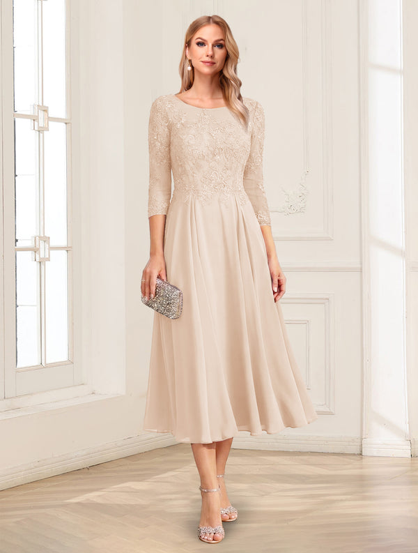 A-Line/Princess Scoop 3/4 Sleeves Tea-Length Mother of the Bride Dresses with Applique & Lace