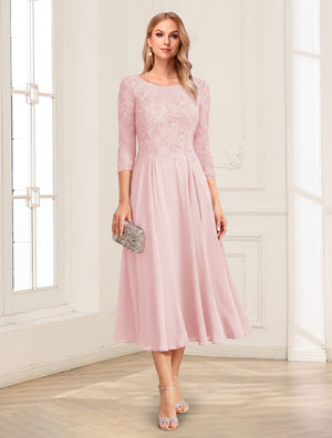A-Line/Princess Scoop 3/4 Sleeves Tea-Length Mother of the Bride Dresses with Applique & Lace