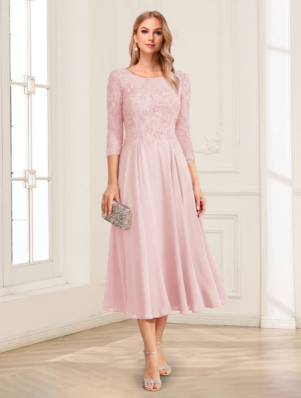 A-Line/Princess Scoop 3/4 Sleeves Tea-Length Mother of the Bride Dresses with Applique & Lace