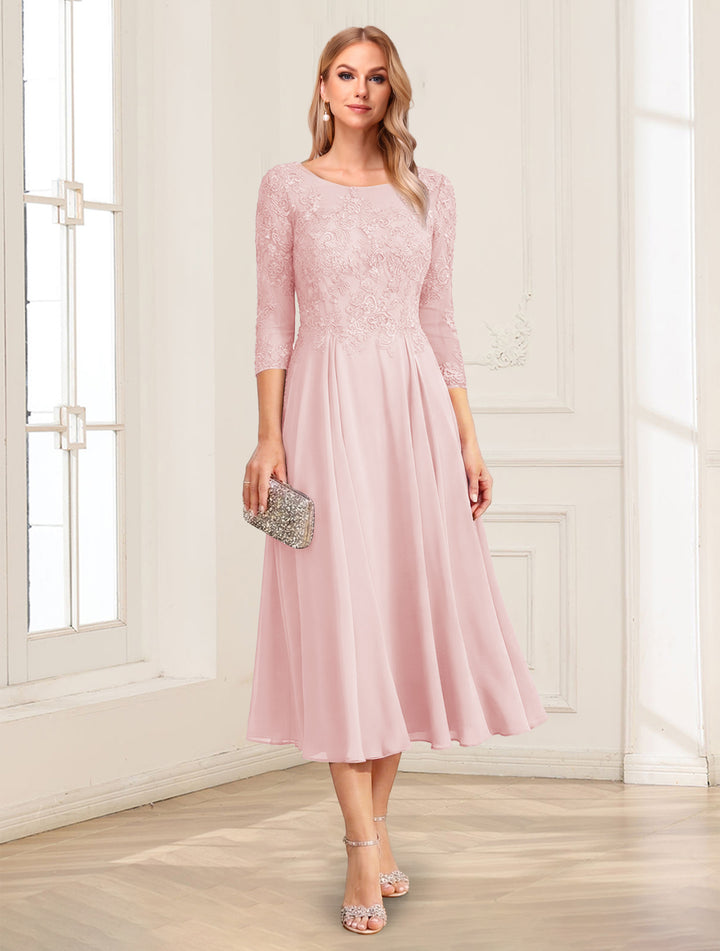 A-Line/Princess Scoop 3/4 Sleeves Tea-Length Mother of the Bride Dresses with Applique &amp; Lace