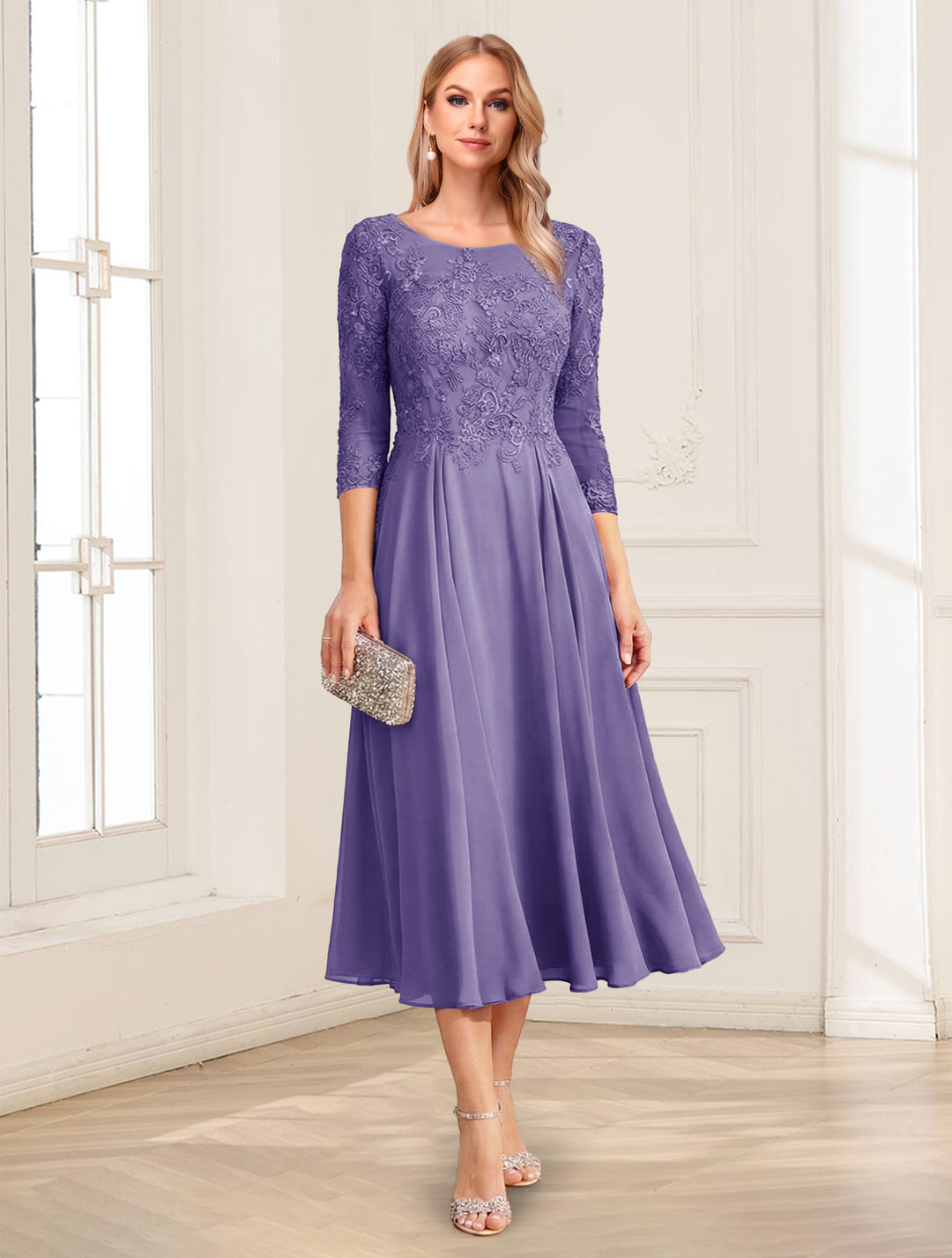 Lavetir Light Royal Blue A-Line/Princess Scoop 3/4 Sleeves Tea-Length Mother of the Bride Dresses with Applique & Lace 2026