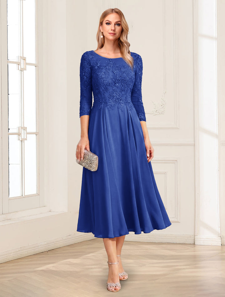 A-Line/Princess Scoop 3/4 Sleeves Tea-Length Mother of the Bride Dresses with Applique &amp; Lace