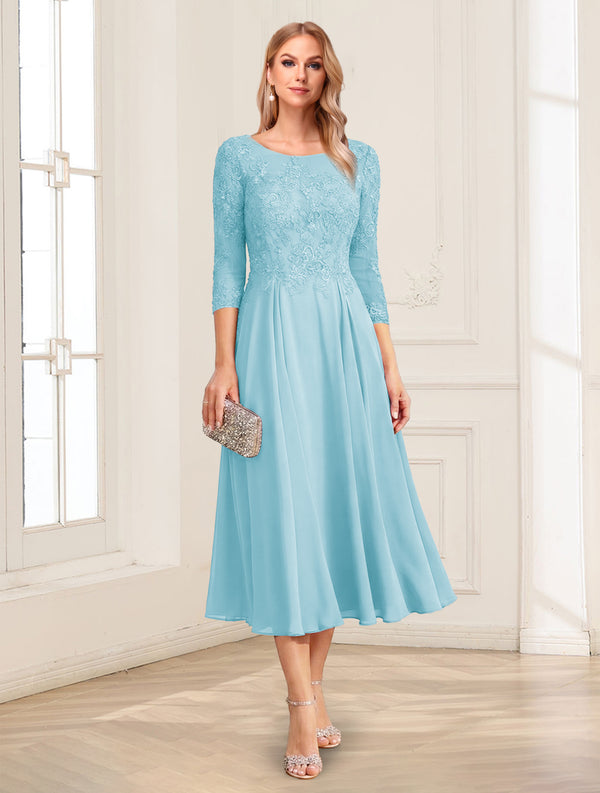 A-Line/Princess Scoop 3/4 Sleeves Tea-Length Mother of the Bride Dresses with Applique & Lace