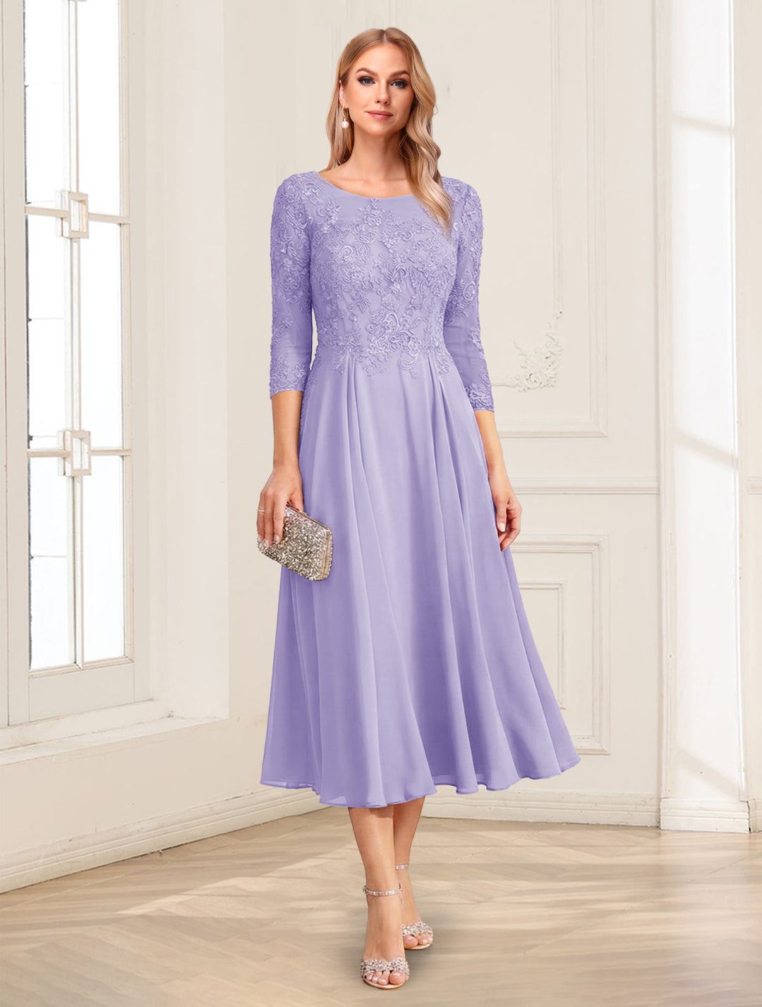 A-Line/Princess Scoop 3/4 Sleeves Tea-Length Mother of the Bride Dresses with Applique &amp; Lace