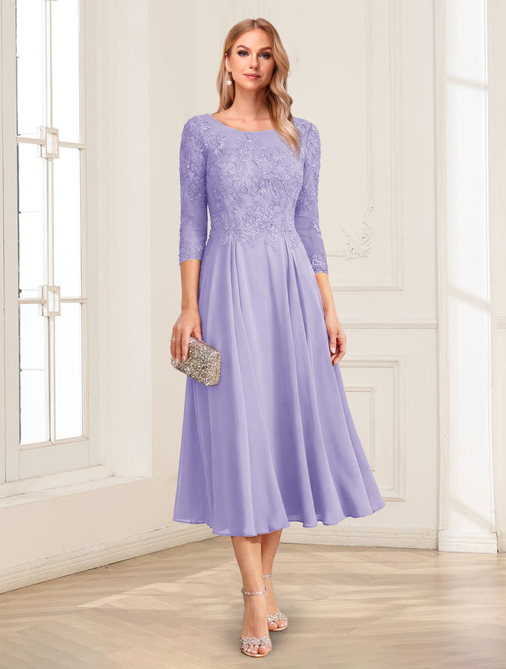 A-Line/Princess Scoop 3/4 Sleeves Tea-Length Mother of the Bride Dresses with Applique &amp; Lace