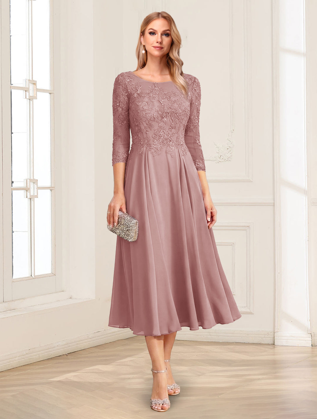 Lavetir Plum A-Line/Princess Scoop 3/4 Sleeves Tea-Length Mother of the Bride Dresses with Applique & Lace 2026