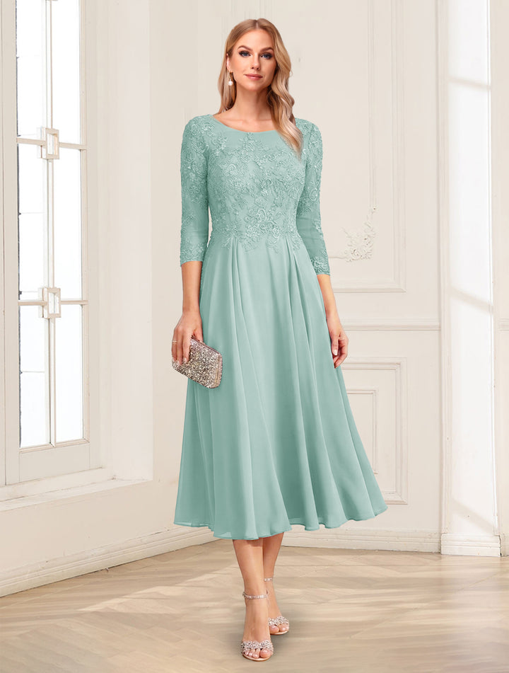 A-Line/Princess Scoop 3/4 Sleeves Tea-Length Mother of the Bride Dresses with Applique &amp; Lace