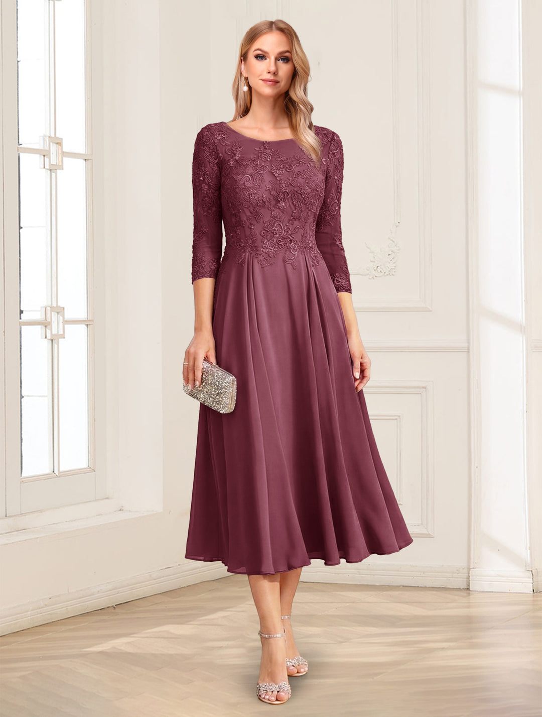 A-Line/Princess Scoop 3/4 Sleeves Tea-Length Mother of the Bride Dresses with Applique &amp; Lace