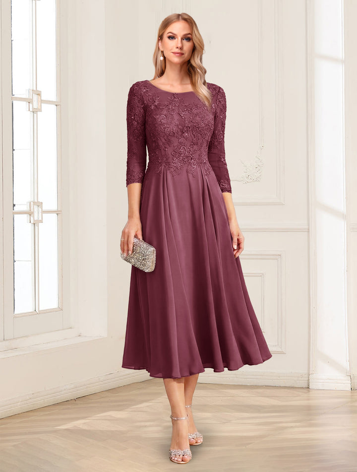 A-Line/Princess Scoop 3/4 Sleeves Tea-Length Mother of the Bride Dresses with Applique &amp; Lace