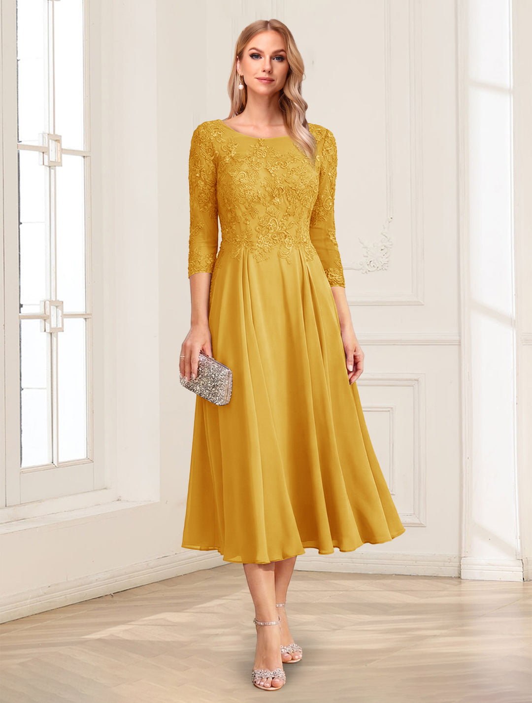 A-Line/Princess Scoop 3/4 Sleeves Tea-Length Mother of the Bride Dresses with Applique &amp; Lace