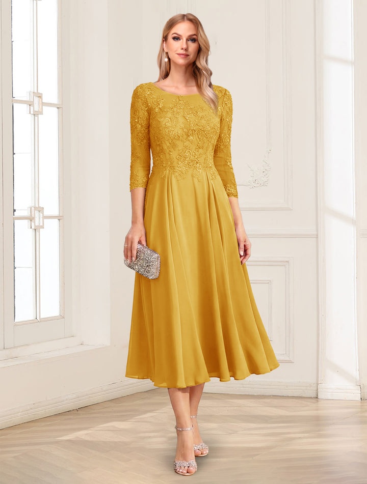 A-Line/Princess Scoop 3/4 Sleeves Tea-Length Mother of the Bride Dresses with Applique &amp; Lace