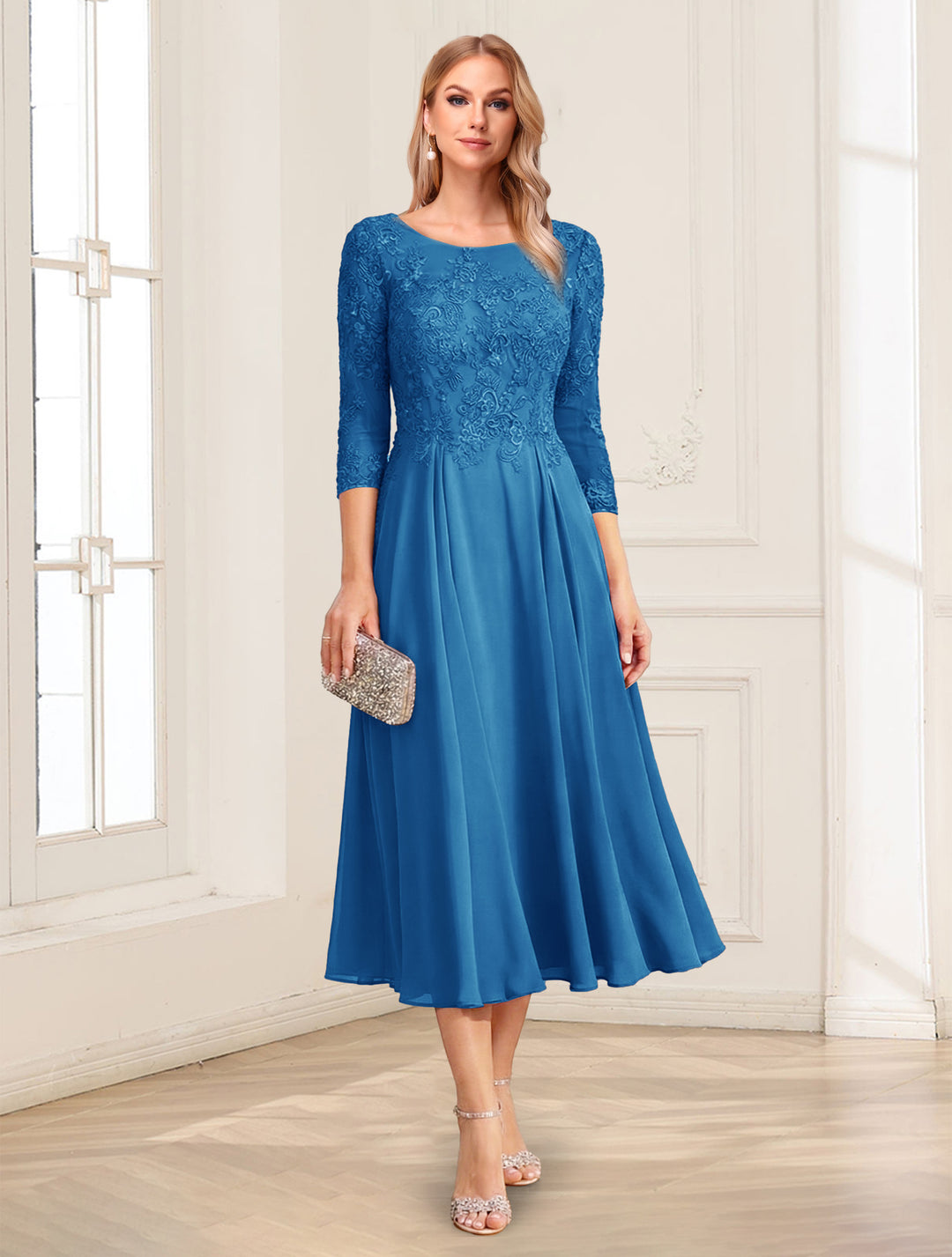 Lavetir Light Royal Blue A-Line/Princess Scoop 3/4 Sleeves Tea-Length Mother of the Bride Dresses with Applique & Lace 2026