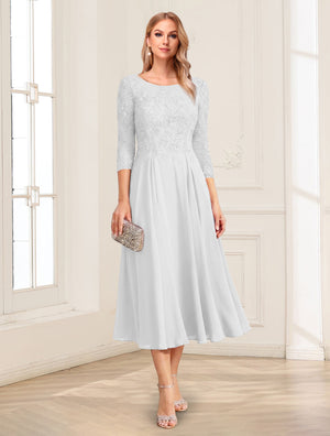 A-Line/Princess Scoop 3/4 Sleeves Tea-Length Mother of the Bride Dresses with Applique & Lace