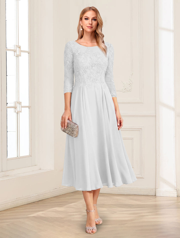 A-Line/Princess Scoop 3/4 Sleeves Tea-Length Mother of the Bride Dresses with Applique &amp; Lace
