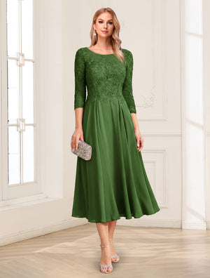 A-Line/Princess Scoop 3/4 Sleeves Tea-Length Mother of the Bride Dresses with Applique & Lace