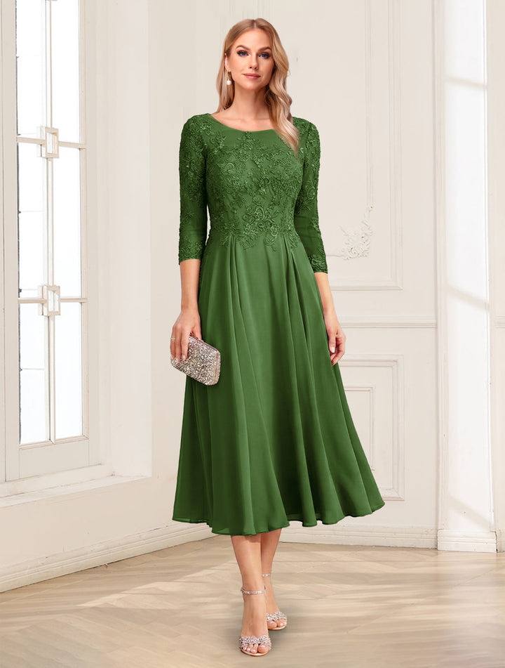 A-Line/Princess Scoop 3/4 Sleeves Tea-Length Mother of the Bride Dresses with Applique &amp; Lace