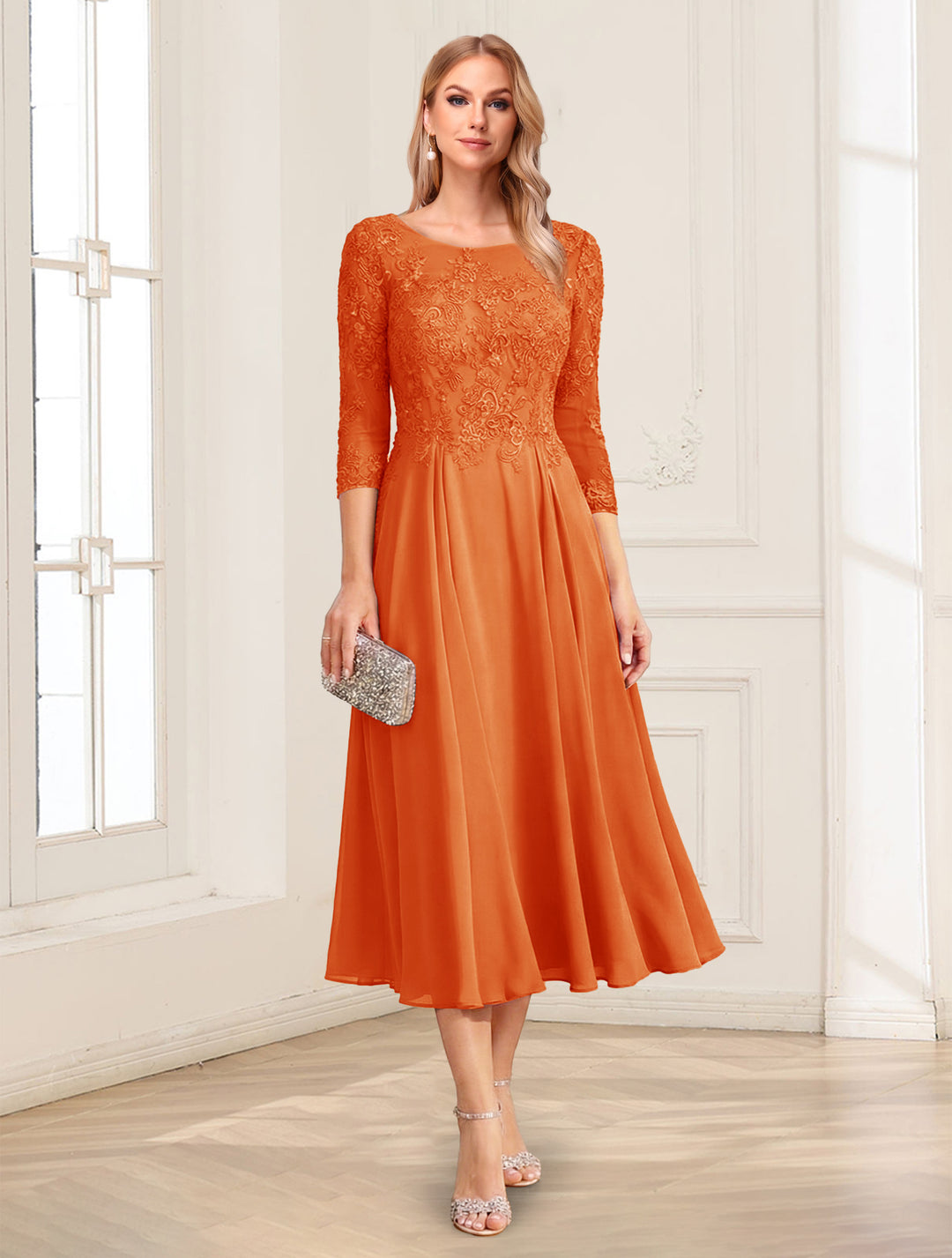 A-Line/Princess Scoop 3/4 Sleeves Tea-Length Mother of the Bride Dresses with Applique &amp; Lace