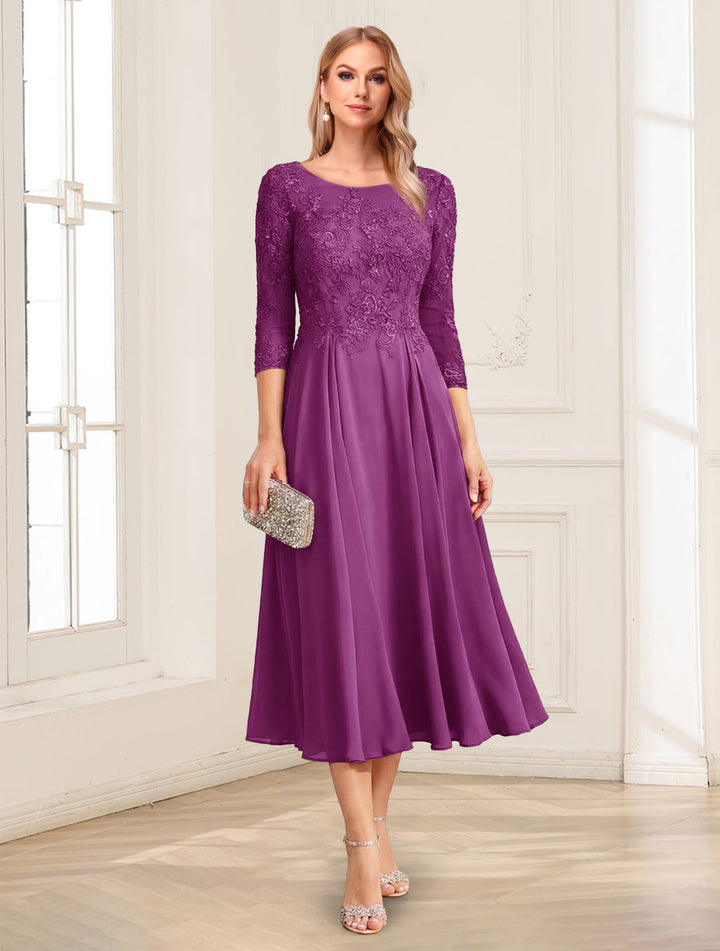 A-Line/Princess Scoop 3/4 Sleeves Tea-Length Mother of the Bride Dresses with Applique &amp; Lace