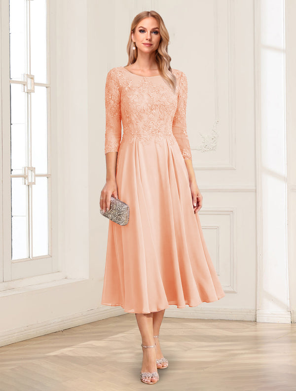 A-Line/Princess Scoop 3/4 Sleeves Tea-Length Mother of the Bride Dresses with Applique & Lace